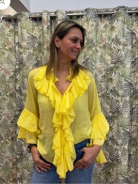 New Yellow Button Up Ruffle V-Neck Blouse in size L